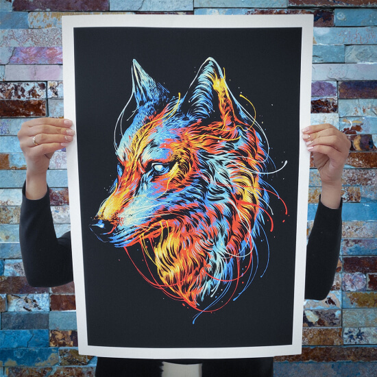 Artystyczny plakat z kolorowym wilkiem.