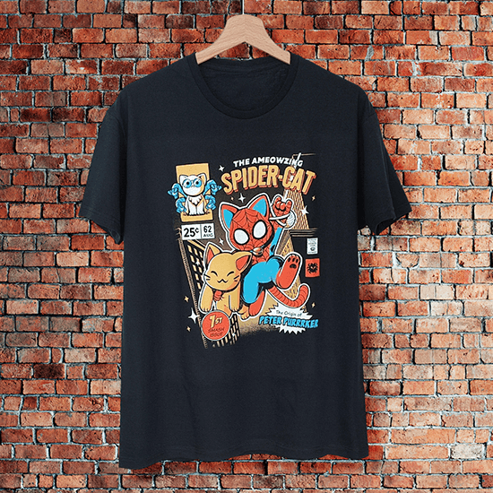 Zabawna koszulka z kocim superbohaterem dla fanów komiksów.