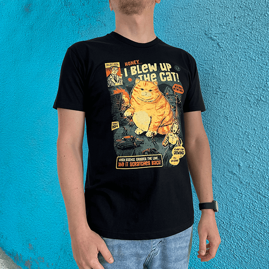 Koszulka "Honey, I blew up the cat!" – gigantyczny kot w humorystycznym stylu, idealna dla fanów kotów i popkultury lat 90.