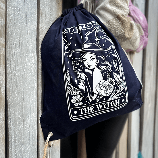 Worek z czarownicą i kotem – The Witch w stylu karty tarota – mistyczny worek dla fanów magii”