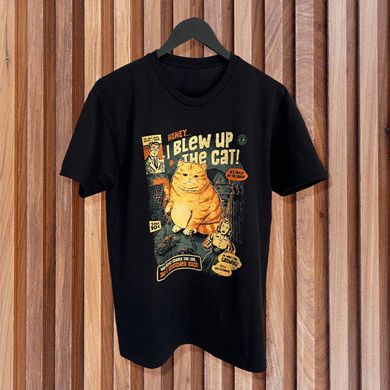 Koszulka z gigantycznym kotem i napisem "Honey, I blew up the cat!" – dla fanów humoru, nauki i nostalgii.