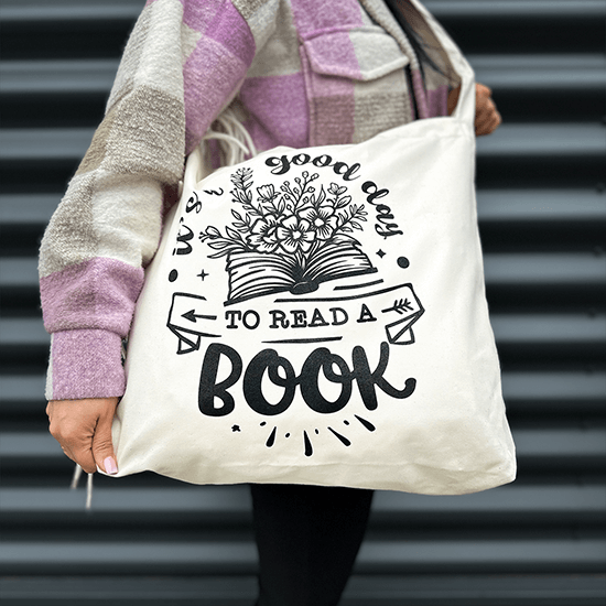 Bawełniana torba z nadrukiem otwartej książki i napisem GOOD DAY TO READ, idealna dla miłośników literatury, książkoholików i fanów czytania, torba na zakupy lub do biblioteki