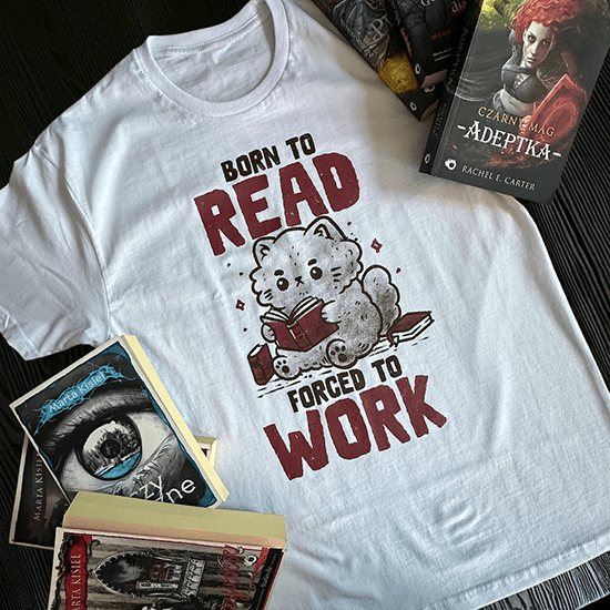 Koszulka dla miłośników książek – kot z książką i hasłem Born to Read, Forced to Work