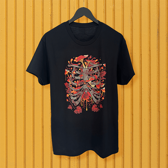 T-shirt z grafiką płuc i grzybów – inspirowany klimatem gry postapo